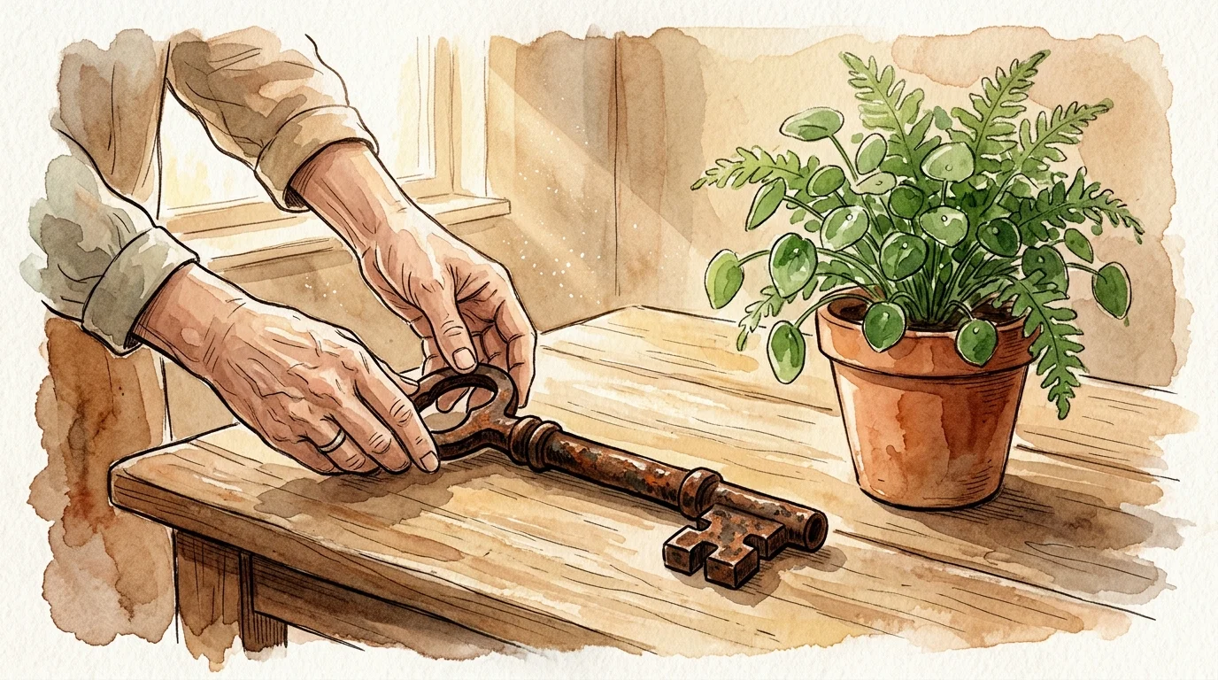 Watercolor illustration of hands placing down a heavy iron key next to a thriving green plant, symbolizing letting go of guilt.