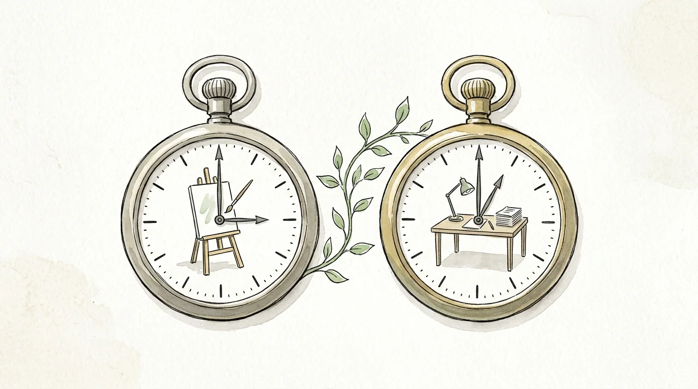Watercolor illustration of two pocket watches side-by-side with a green vine growing between them, symbolizing respect for time.