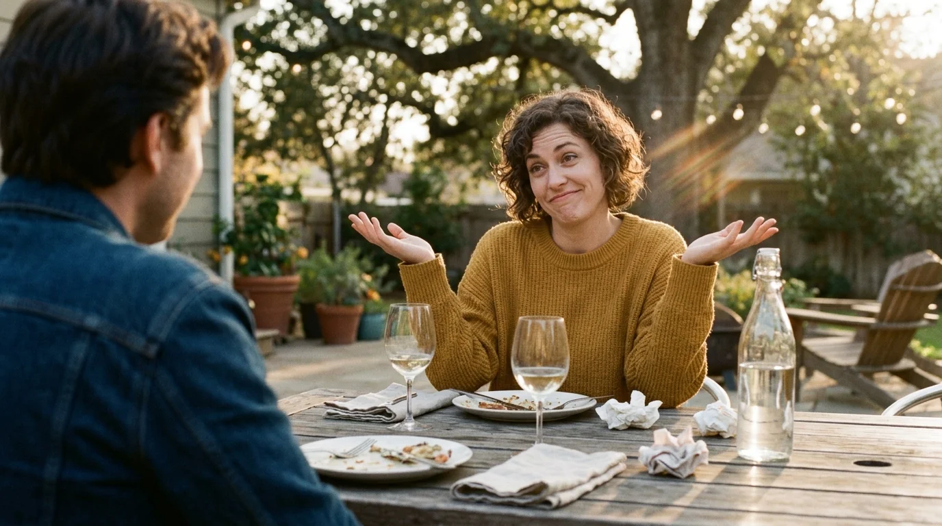A woman in a yellow sweater shrugs with palms raised across an outdoor dining table from a man.