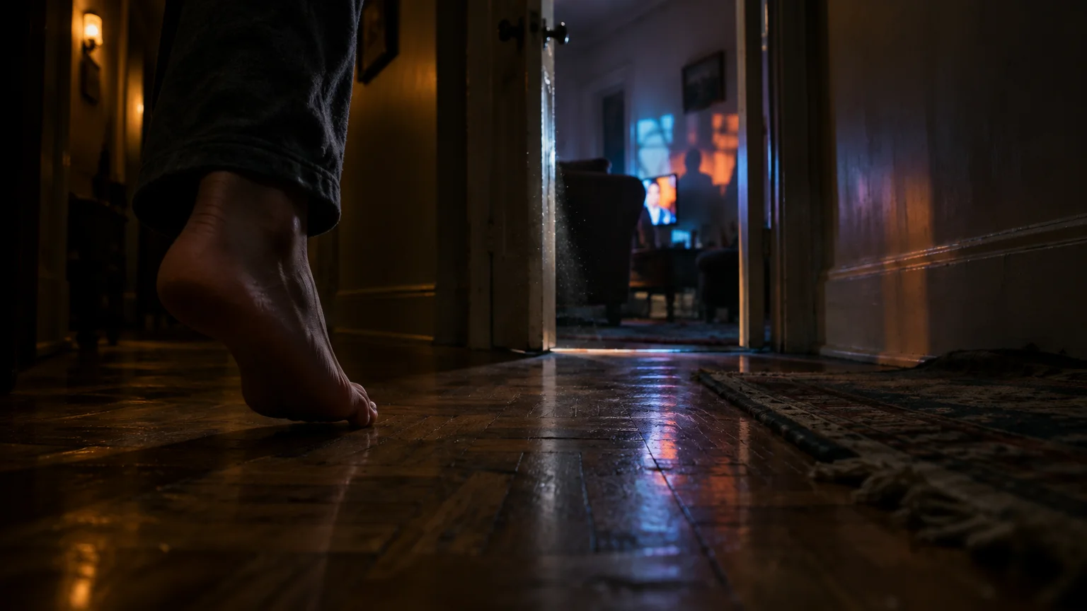 Low-angle view of a bare foot tiptoeing down a dark wooden hallway toward an open doorway with a lit television inside.