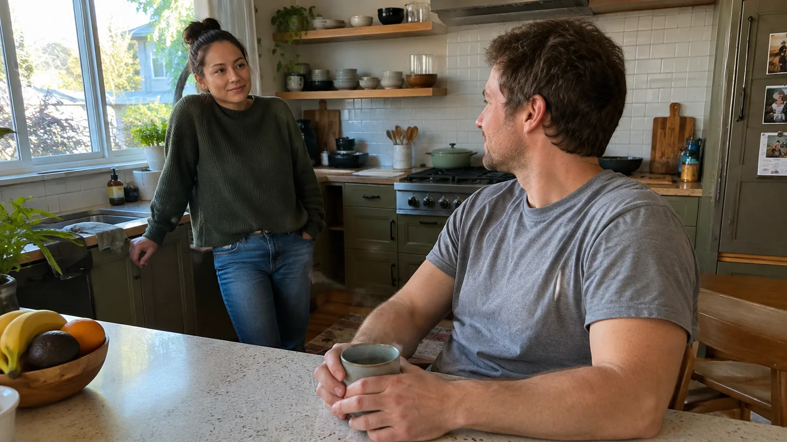 A man holding a mug at a kitchen counter looks across at a woman leaning against the sink.