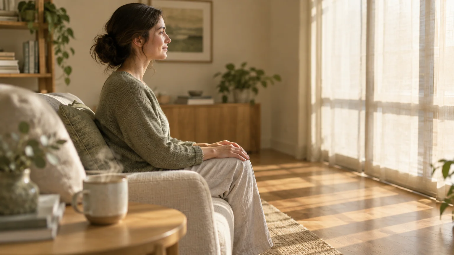 A woman sits on a light-colored sofa in a sunlit living room, looking toward a large sheer curtained window.