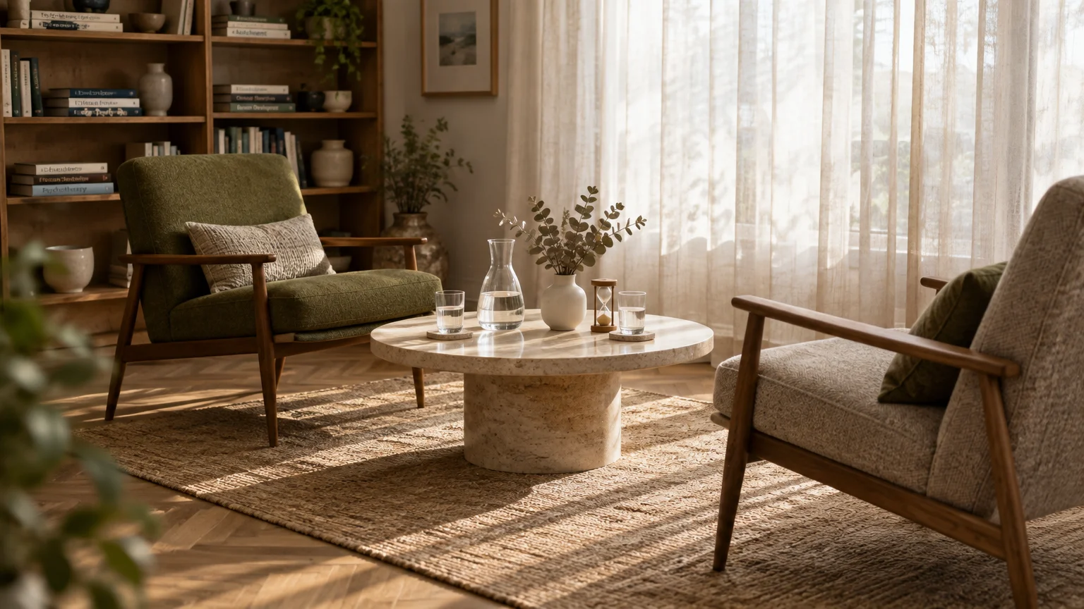 Two armchairs facing a round stone coffee table with glasses, a carafe, and an hourglass in a sunlit therapy office.
