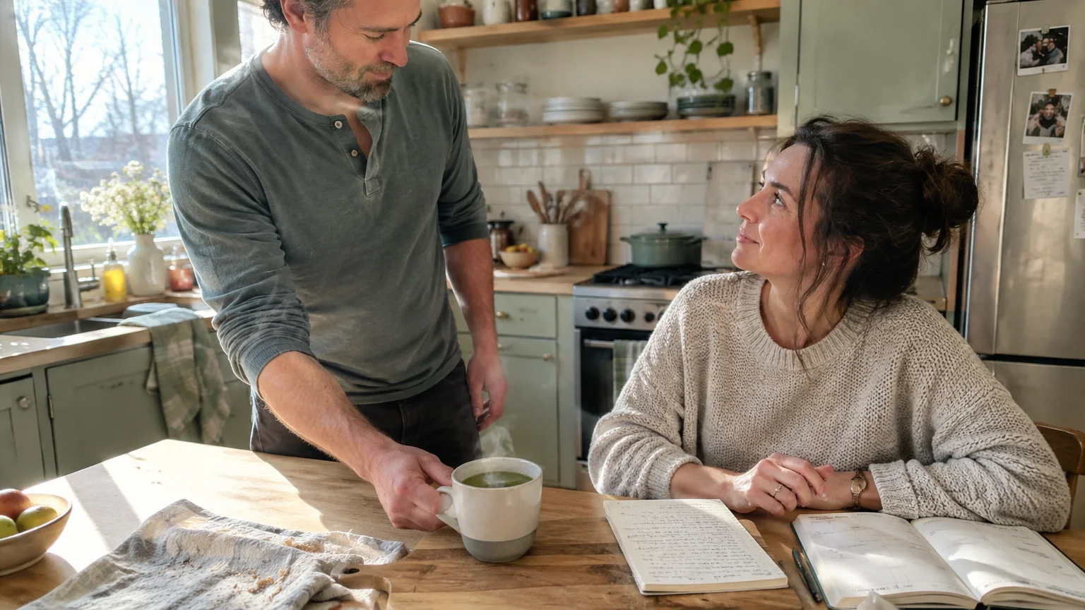 A man places a steaming mug on a wooden kitchen table before a woman seated with open notebooks.