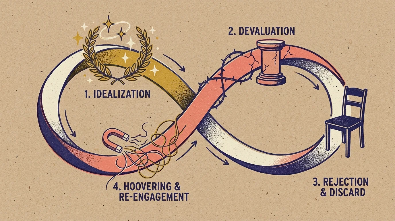 Infinity loop diagram showing four relationship stages: idealization, devaluation, rejection and discard, and hoovering.