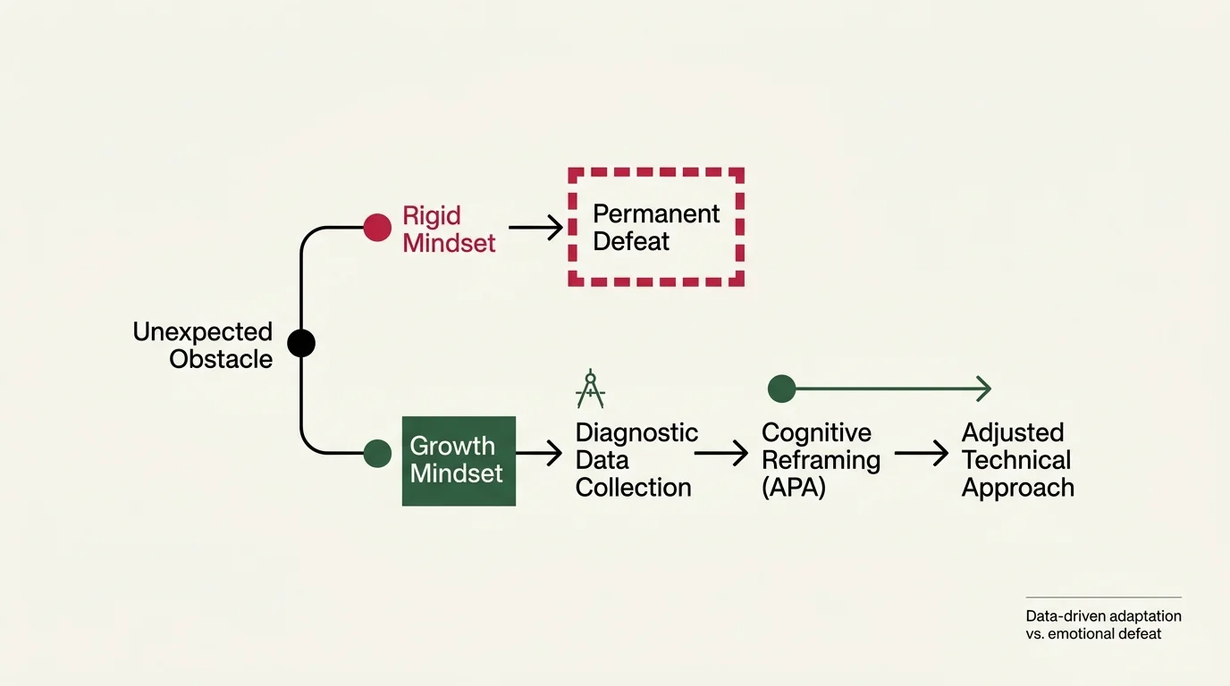 Flowchart comparing a rigid mindset ending in permanent defeat to a growth mindset leading to cognitive reframing.