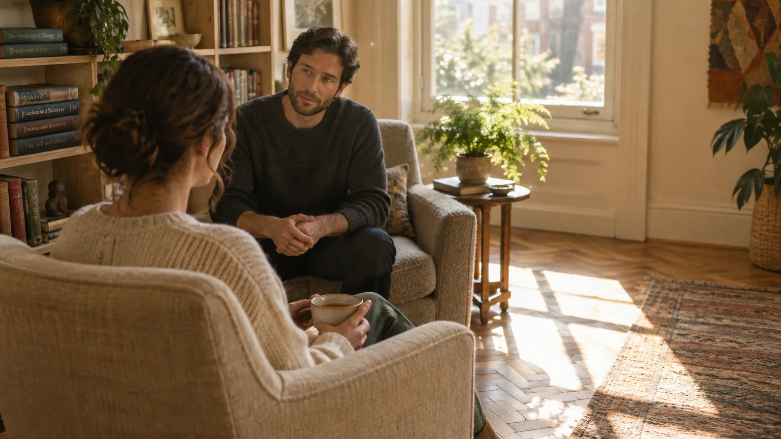 A man and woman sit facing each other in armchairs during a conversation in a sunlit room with bookshelves.