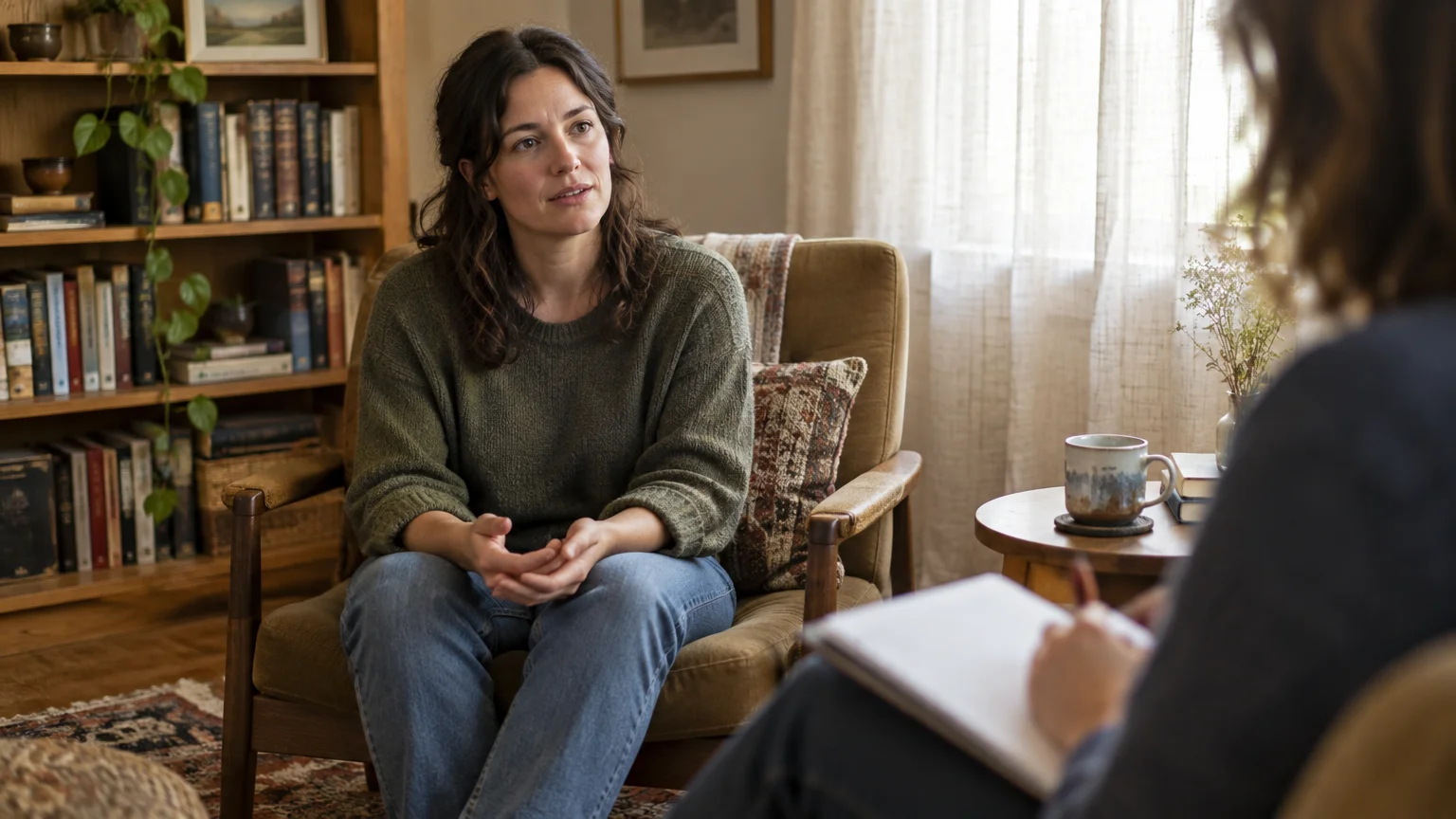 A woman sitting in an armchair speaks with a therapist who takes notes in the foreground.