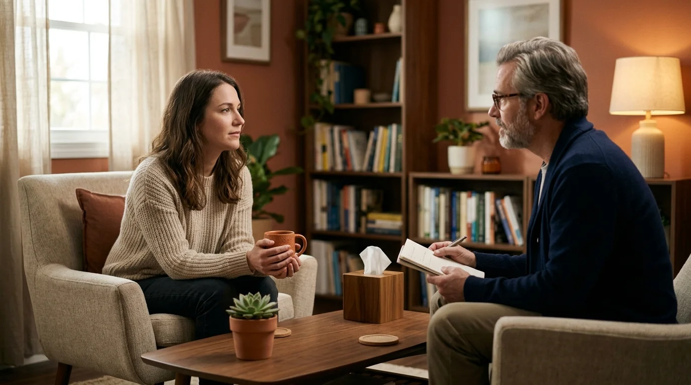 Woman holding a mug sits on an armchair talking to a male therapist taking notes in a cozy office.