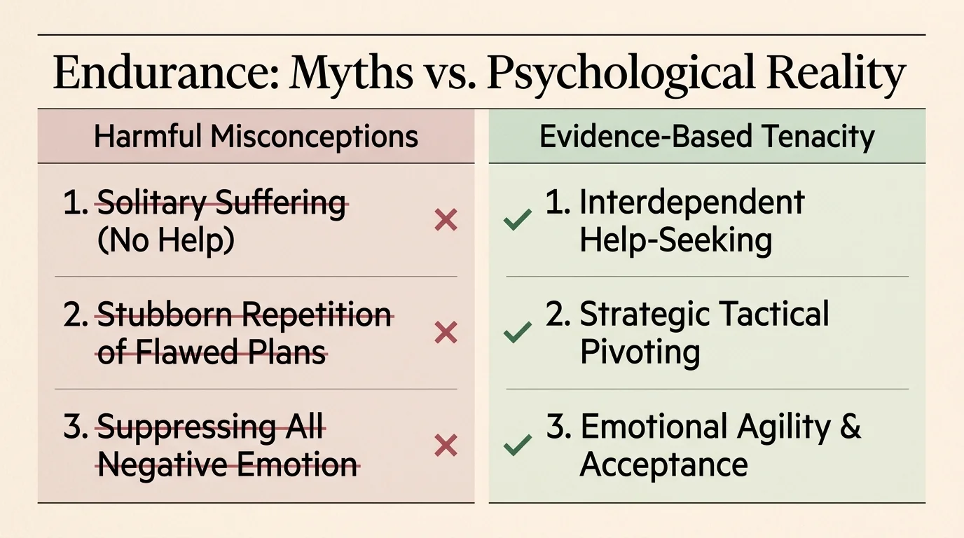 Table comparing harmful misconceptions like solitary suffering to evidence-based tenacity like interdependent help-seeking.