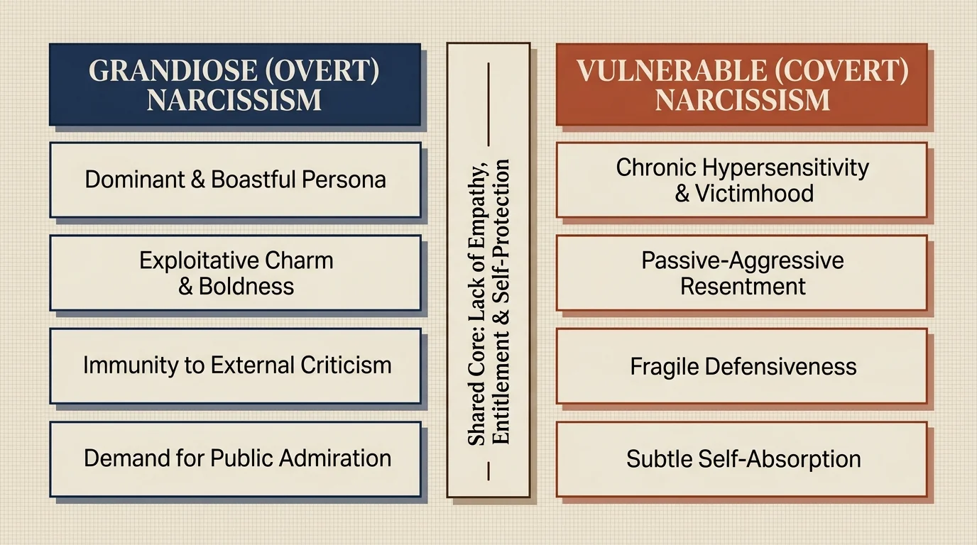 Diagram comparing traits of grandiose (overt) narcissism and vulnerable (covert) narcissism around a shared core.