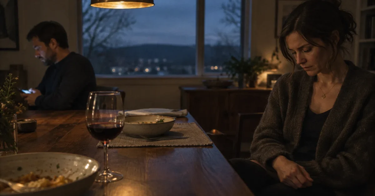 A woman sits looking down at a dinner table while a man in the background looks at his phone.