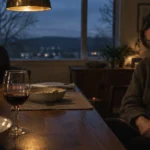 A woman sits looking down at a dinner table while a man in the background looks at his phone.