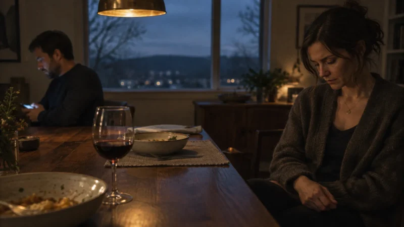 A woman sits looking down at a dinner table while a man in the background looks at his phone.