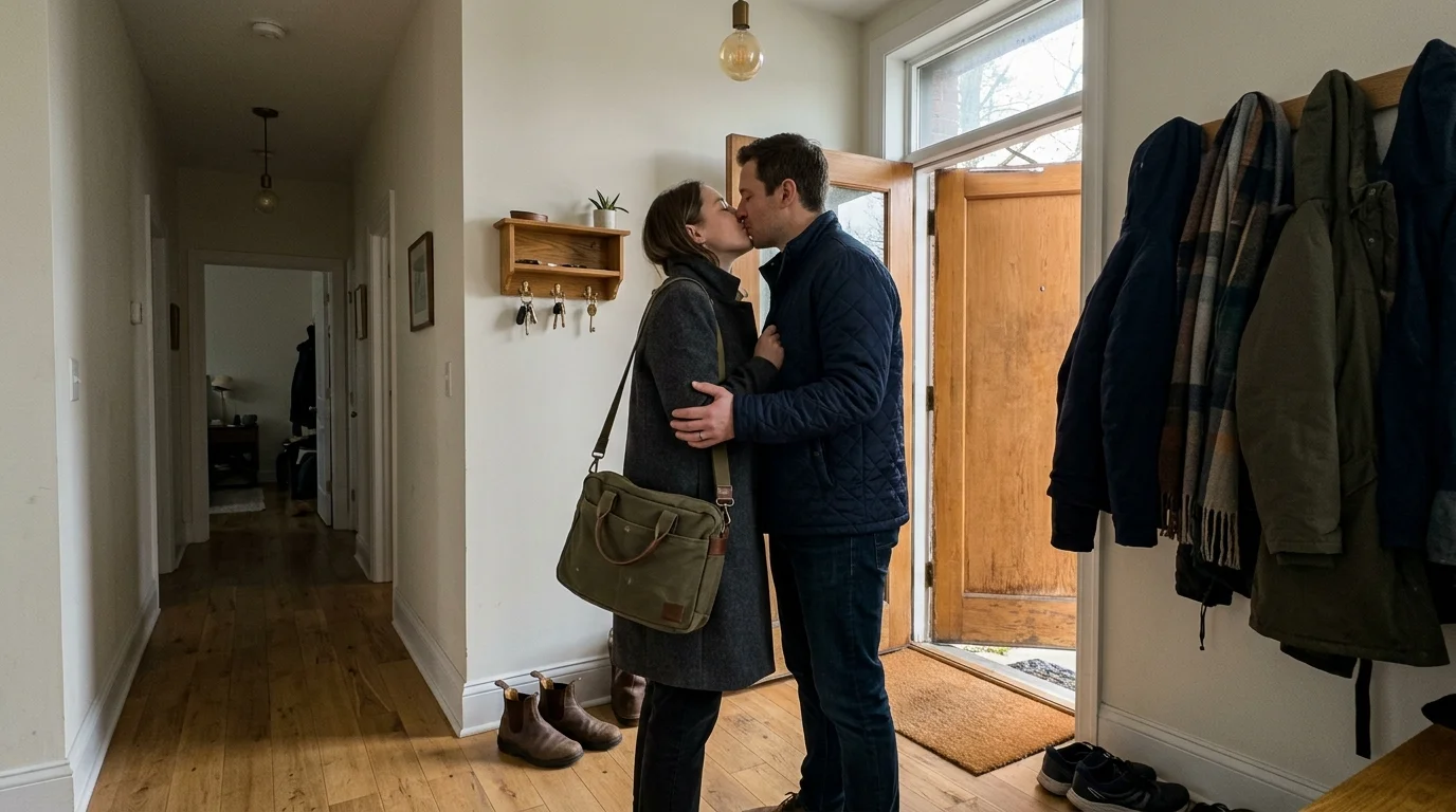 A man and woman kiss in the entryway of a home near an open front door and coat rack.