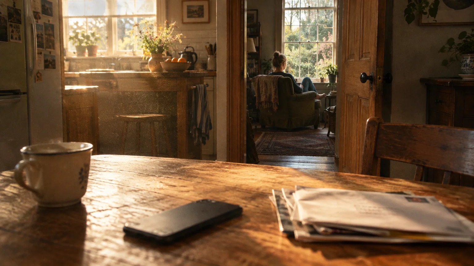 A smartphone, mug, and mail sit on a wooden table, while a person sits looking out a window in the next room.
