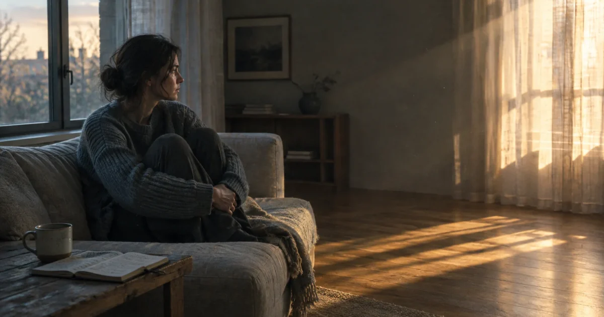 Woman sitting curled up on a couch in a sunlit living room, looking pensively out a window.