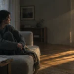 Woman sitting curled up on a couch in a sunlit living room, looking pensively out a window.