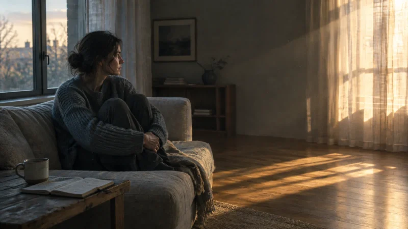 Woman sitting curled up on a couch in a sunlit living room, looking pensively out a window.