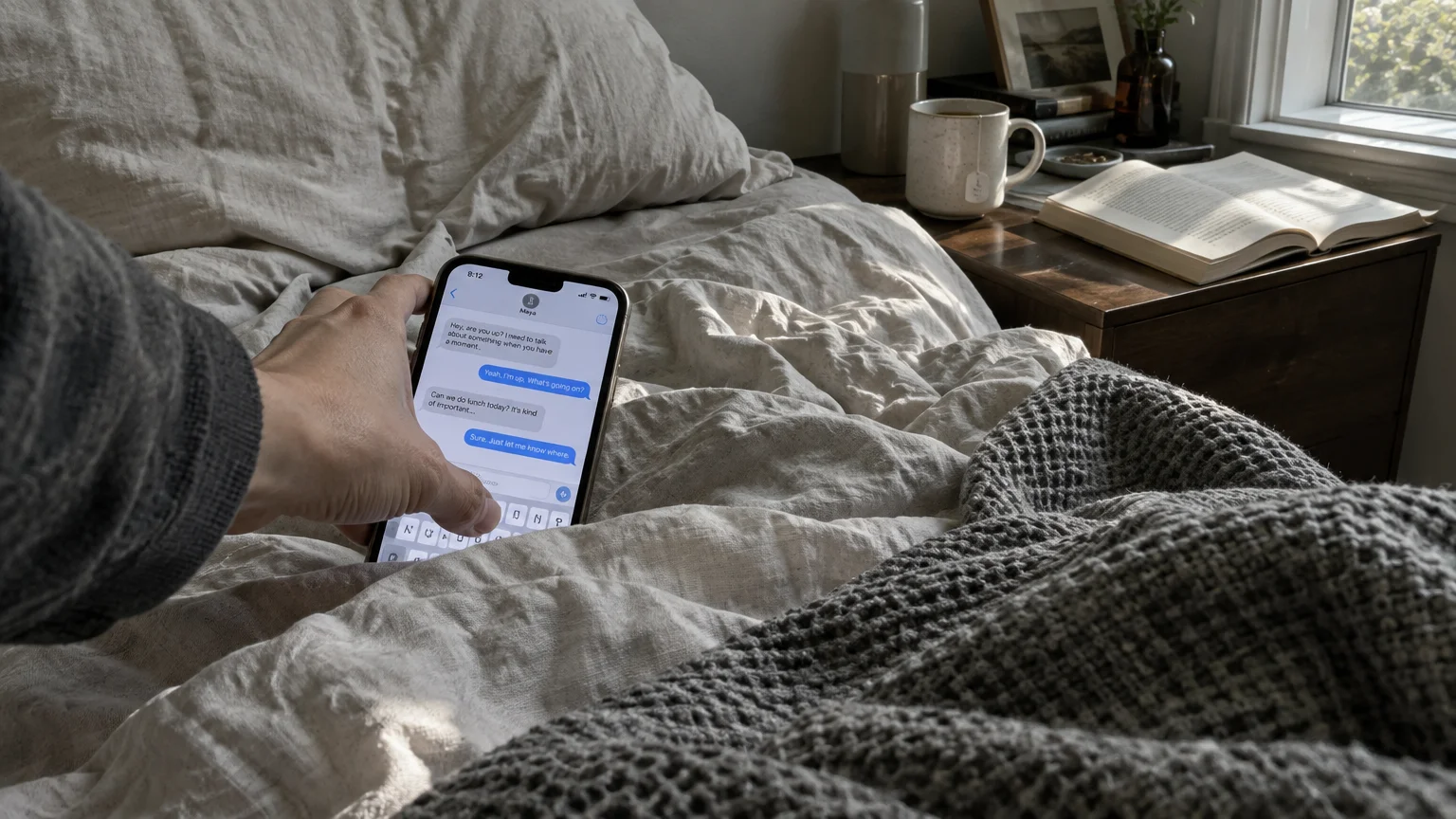 First-person view of a hand holding a smartphone showing text messages in an unmade bed beside a nightstand.