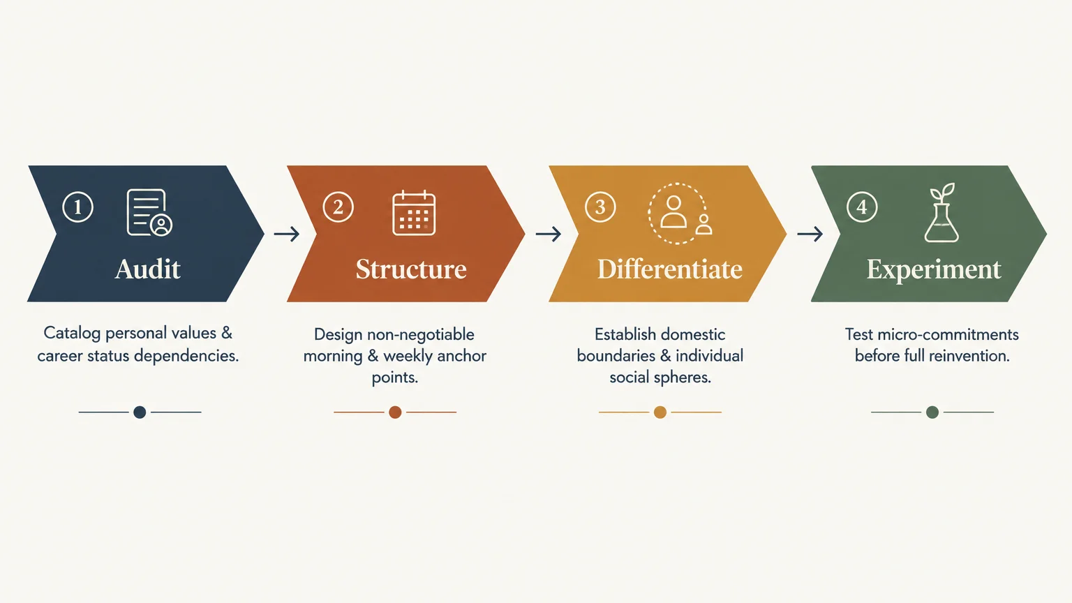 Four chevron arrows outlining steps: 1 Audit, 2 Structure, 3 Differentiate, and 4 Experiment with descriptive subtext.