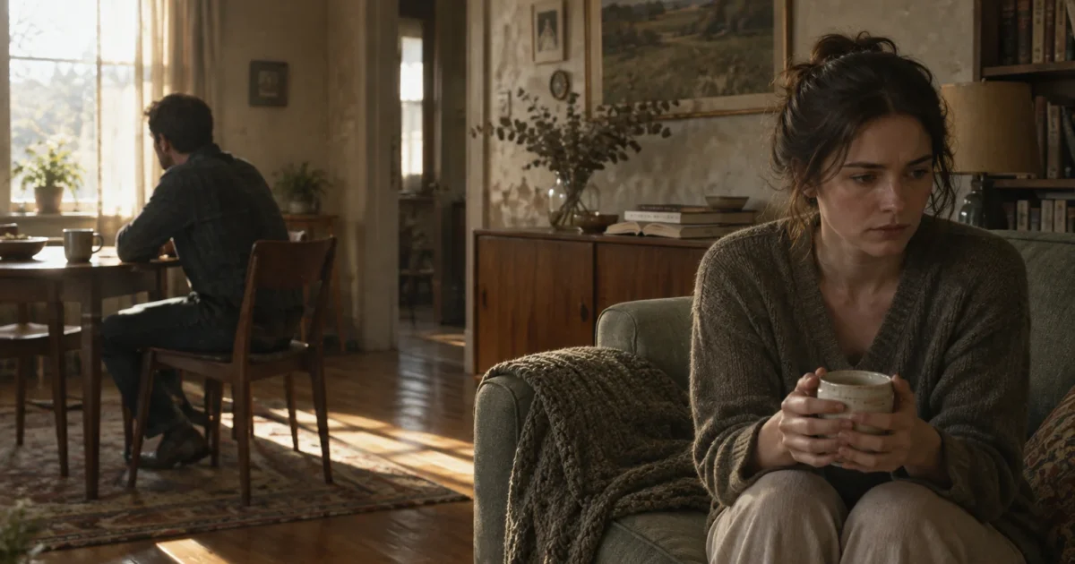 A woman holding a mug sits pensively on a couch while a man sits at a dining table facing away in the background.