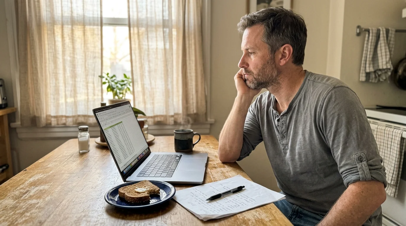 A man sits at a wooden kitchen table resting his chin in his hand while staring at a laptop screen.
