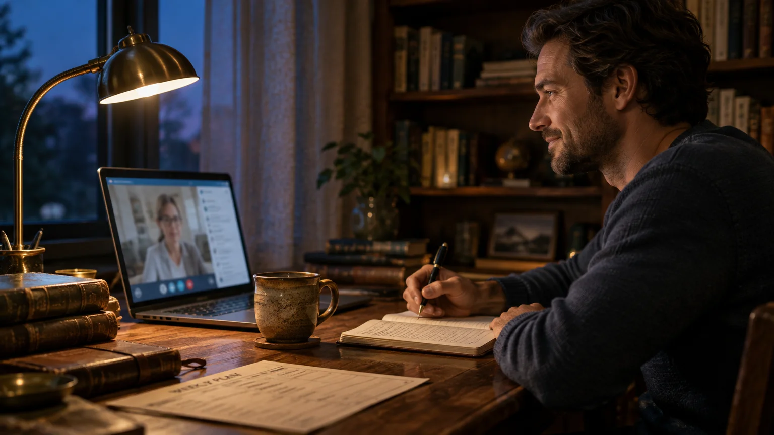 A man sits at a wooden desk at night taking notes during a video call on his laptop with a therapist.