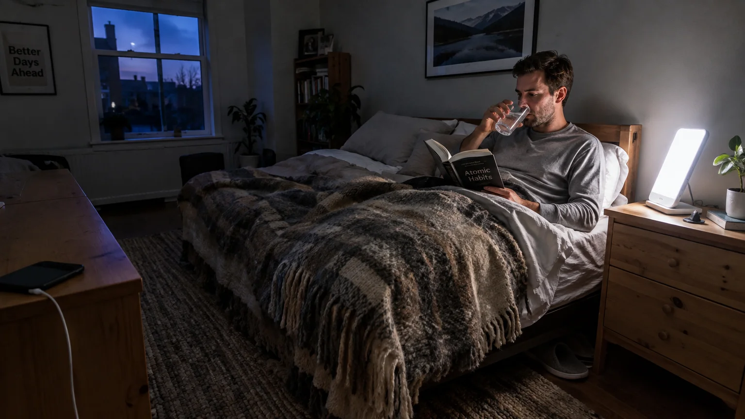 A man reads a book and drinks water in bed beside an illuminated light therapy box on his nightstand.