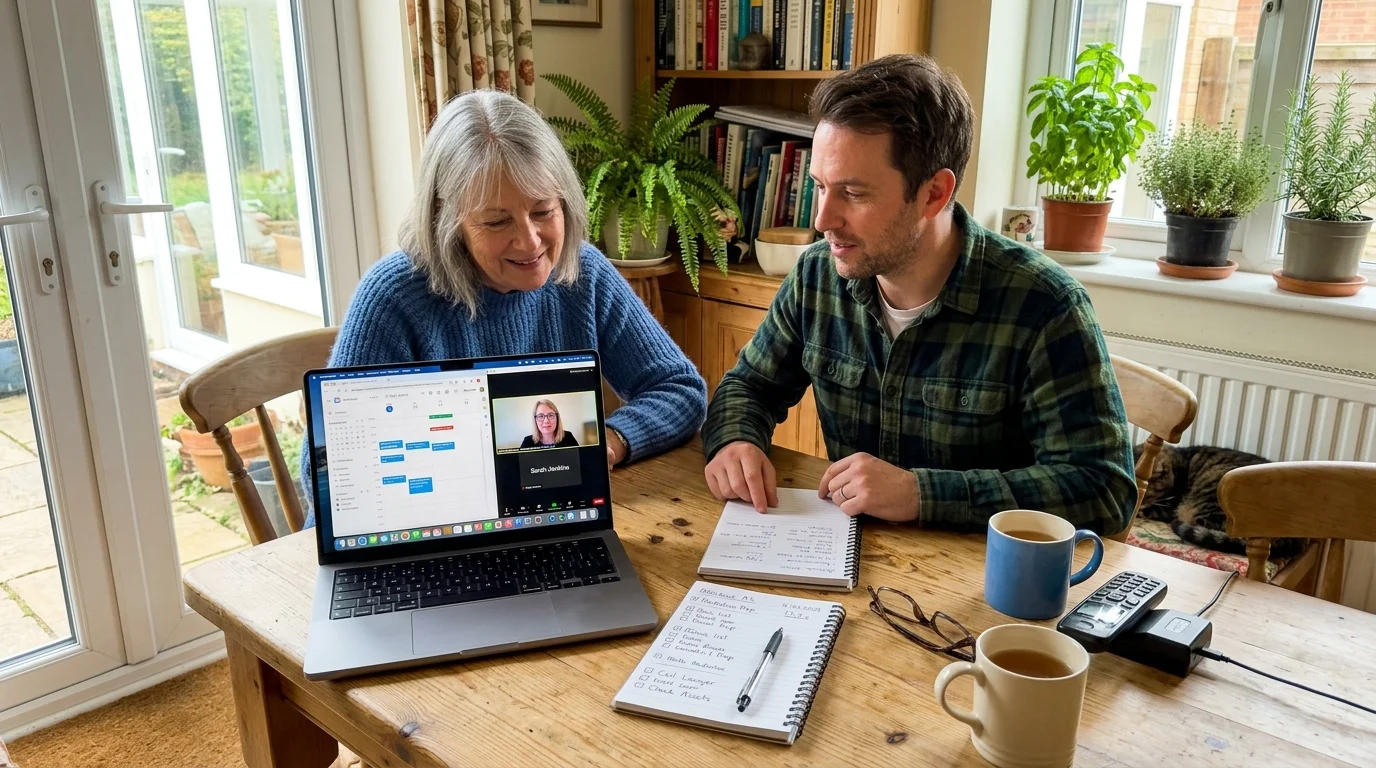 Older woman and younger man seated at a wooden table looking at a laptop screen during a video consultation.