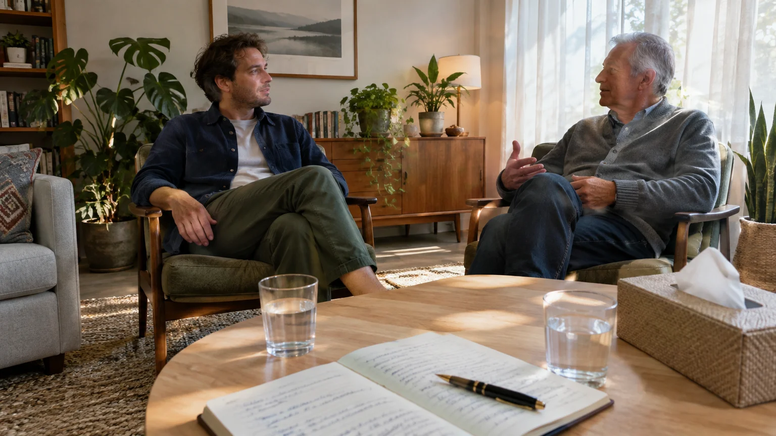 An older man and a younger man sit in armchairs facing each other in a therapy office with a notebook on the table.