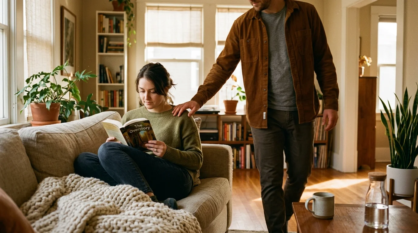 A man standing behind a sofa gently rests his hand on the shoulder of a woman reading a book.
