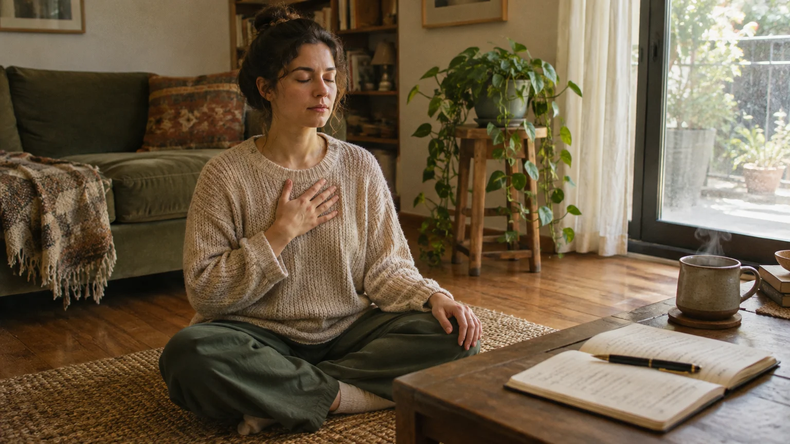 A woman sitting cross-legged on a living room rug with eyes closed and hand on chest near an open journal.