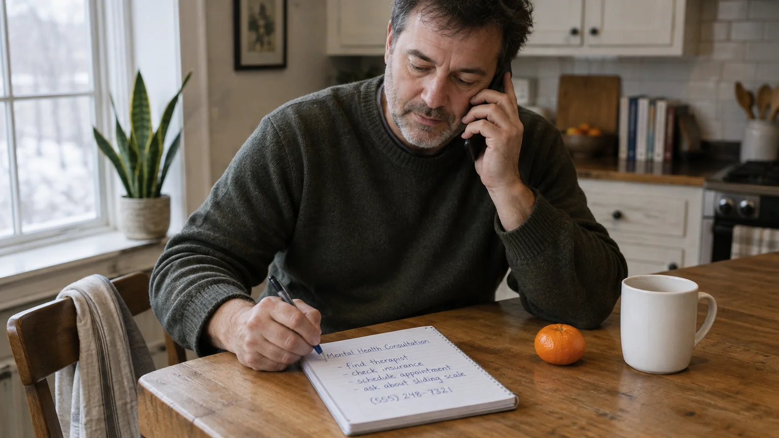 Man talking on a smartphone while writing notes on a pad at a wooden dining table next to a mug.