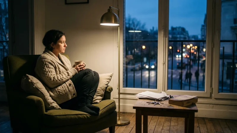 A woman sitting in an armchair with a mug by a window overlooking a city street at twilight.