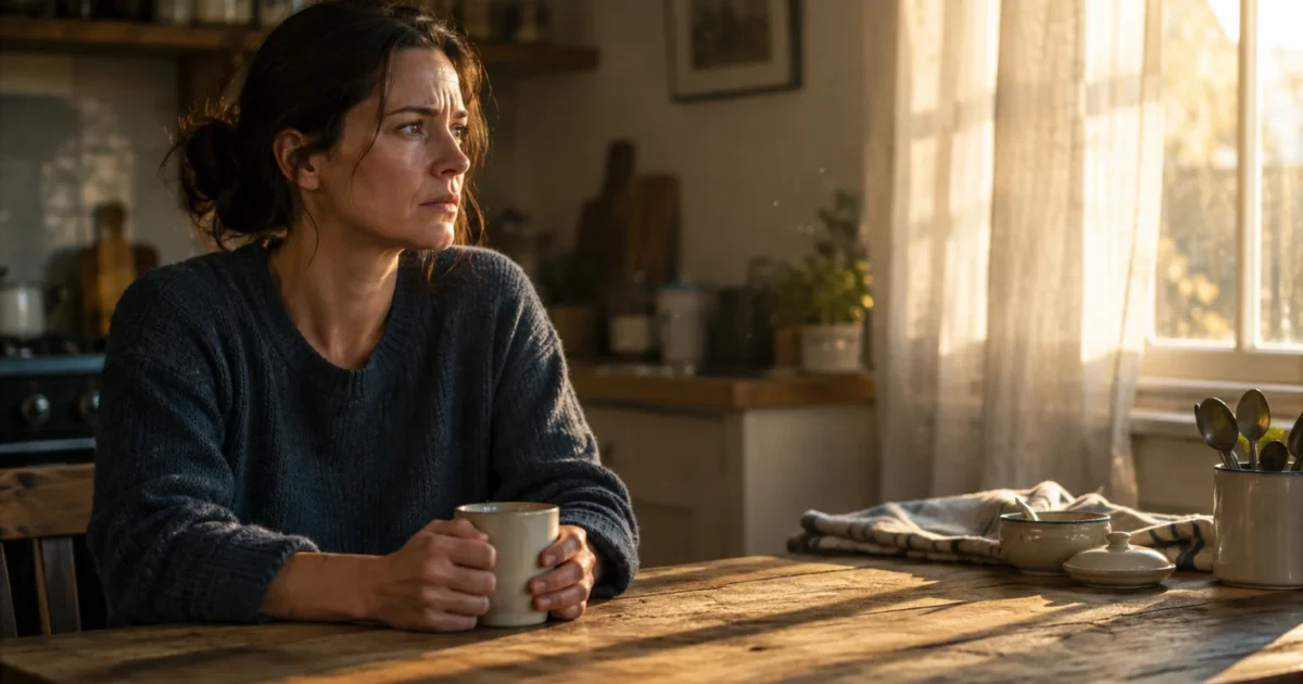 A thoughtful woman in a blue sweater sits at a rustic wooden table holding a ceramic mug by a sunlit kitchen window.