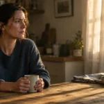 A thoughtful woman in a blue sweater sits at a rustic wooden table holding a ceramic mug by a sunlit kitchen window.