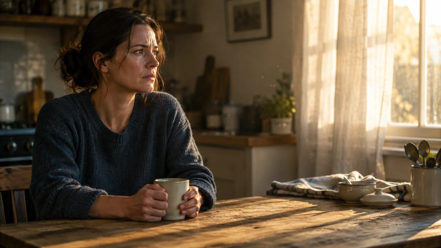 A thoughtful woman in a blue sweater sits at a rustic wooden table holding a ceramic mug by a sunlit kitchen window.