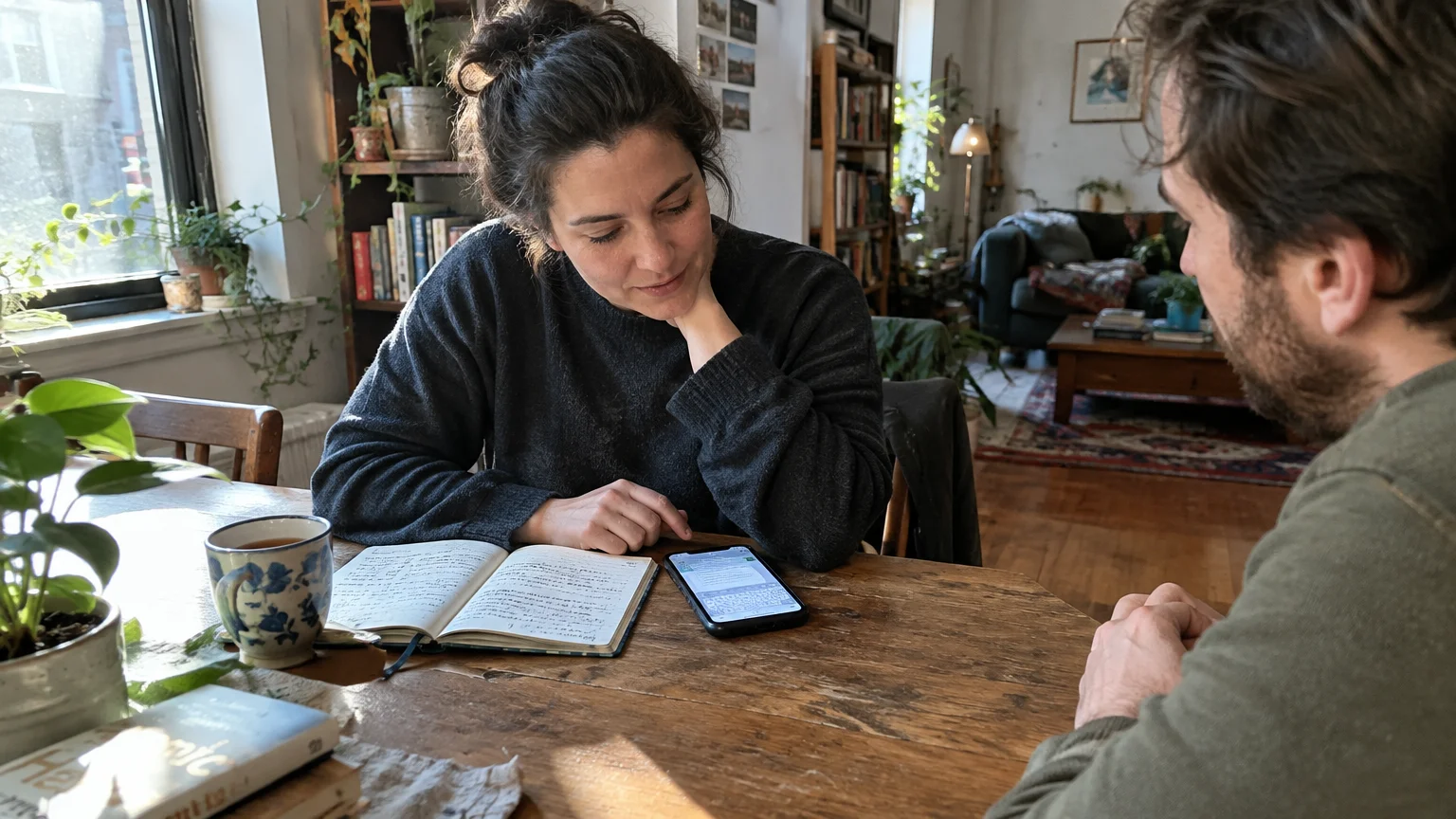 A woman and man sit across a wooden table with an open notebook, phone, and tea mug in a plant-filled room.
