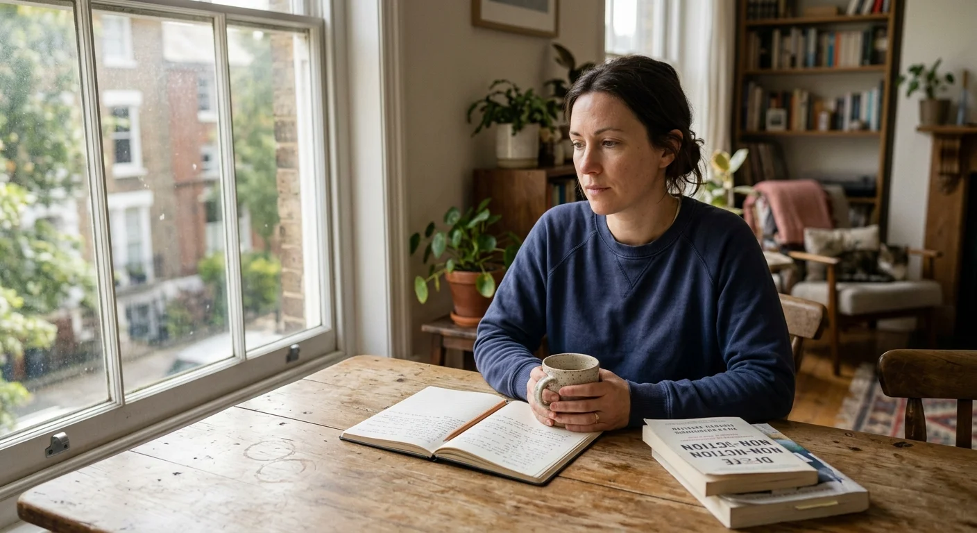 A woman sits thoughtfully at a wooden table with a mug, an open notebook, and books by a window.