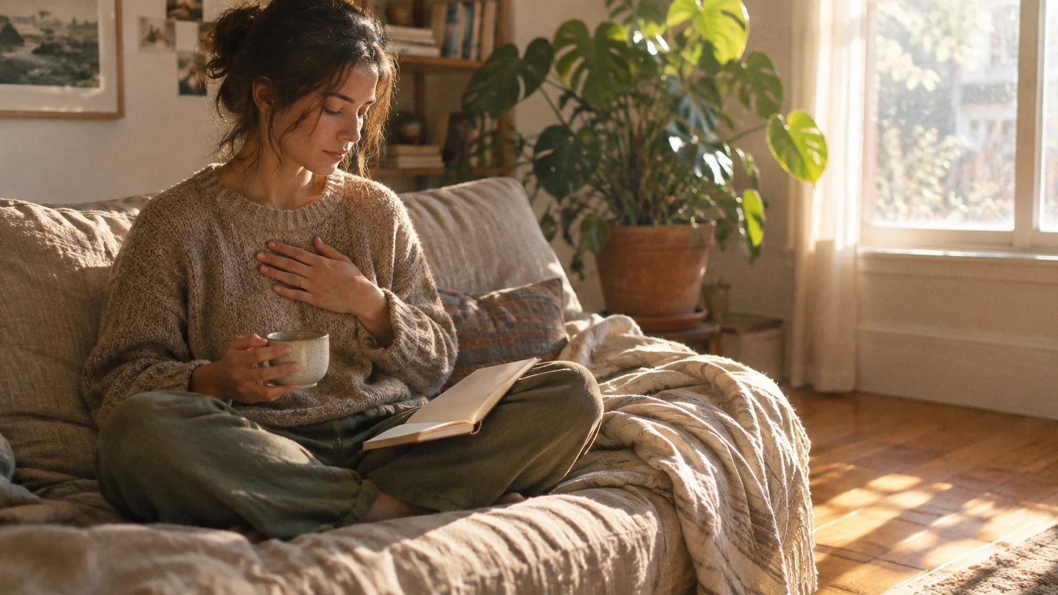 A woman sits cross-legged on a sofa holding a mug and a book, placing one hand gently against her chest.