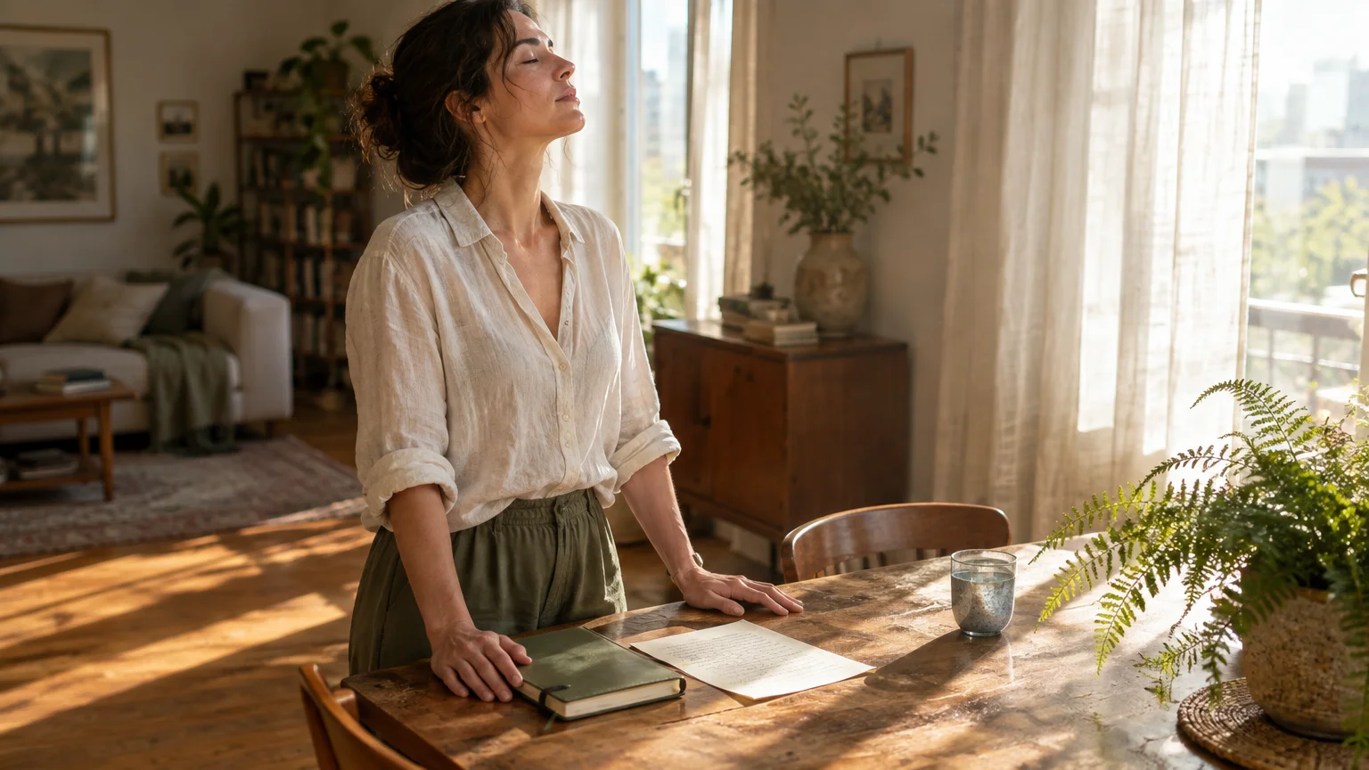 A woman with closed eyes leans on a wooden table in a sunlit room beside a notebook and a letter.
