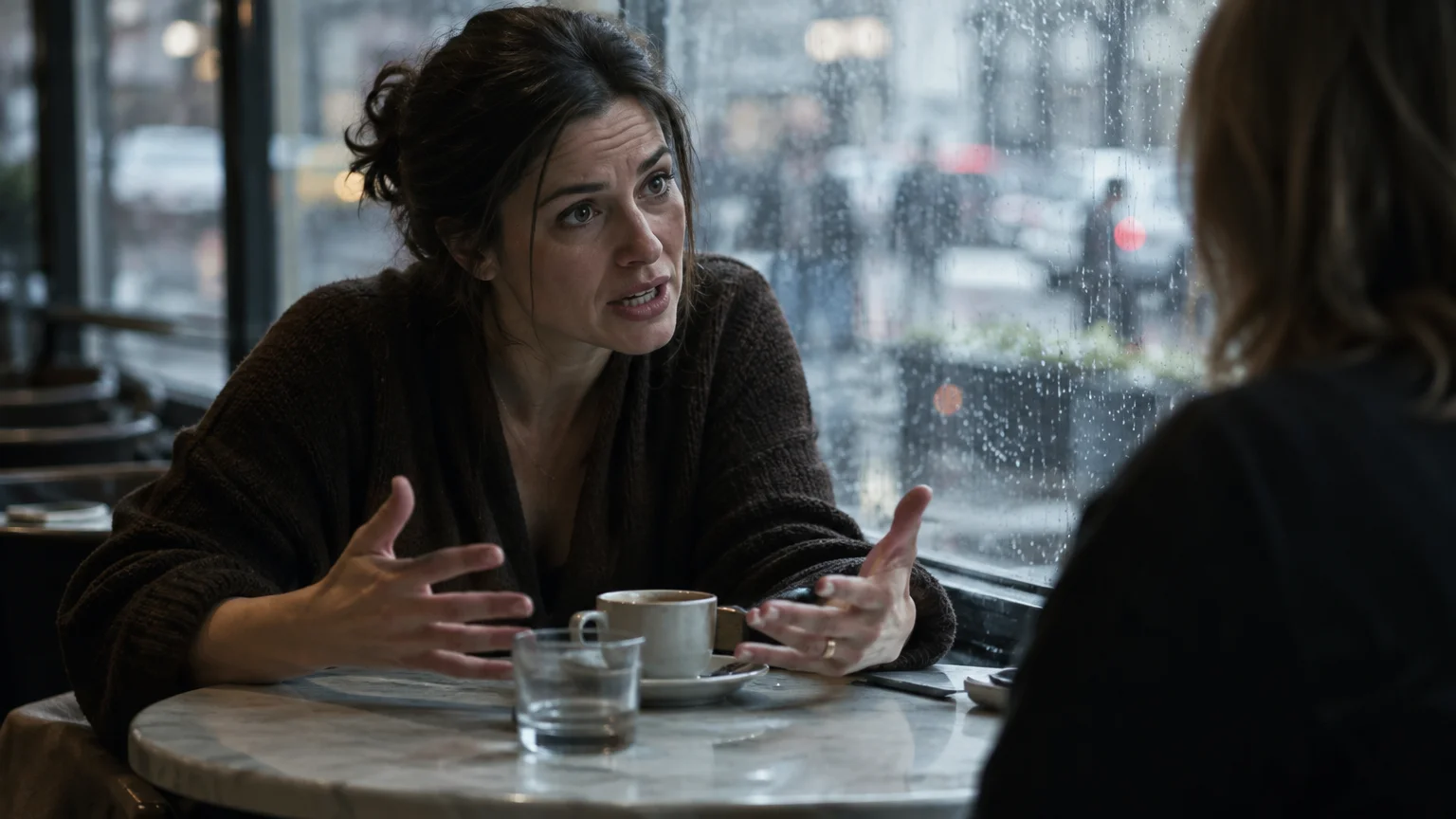 A woman in a brown sweater talks animatedly with open hands while sitting across from someone at a cafe table.