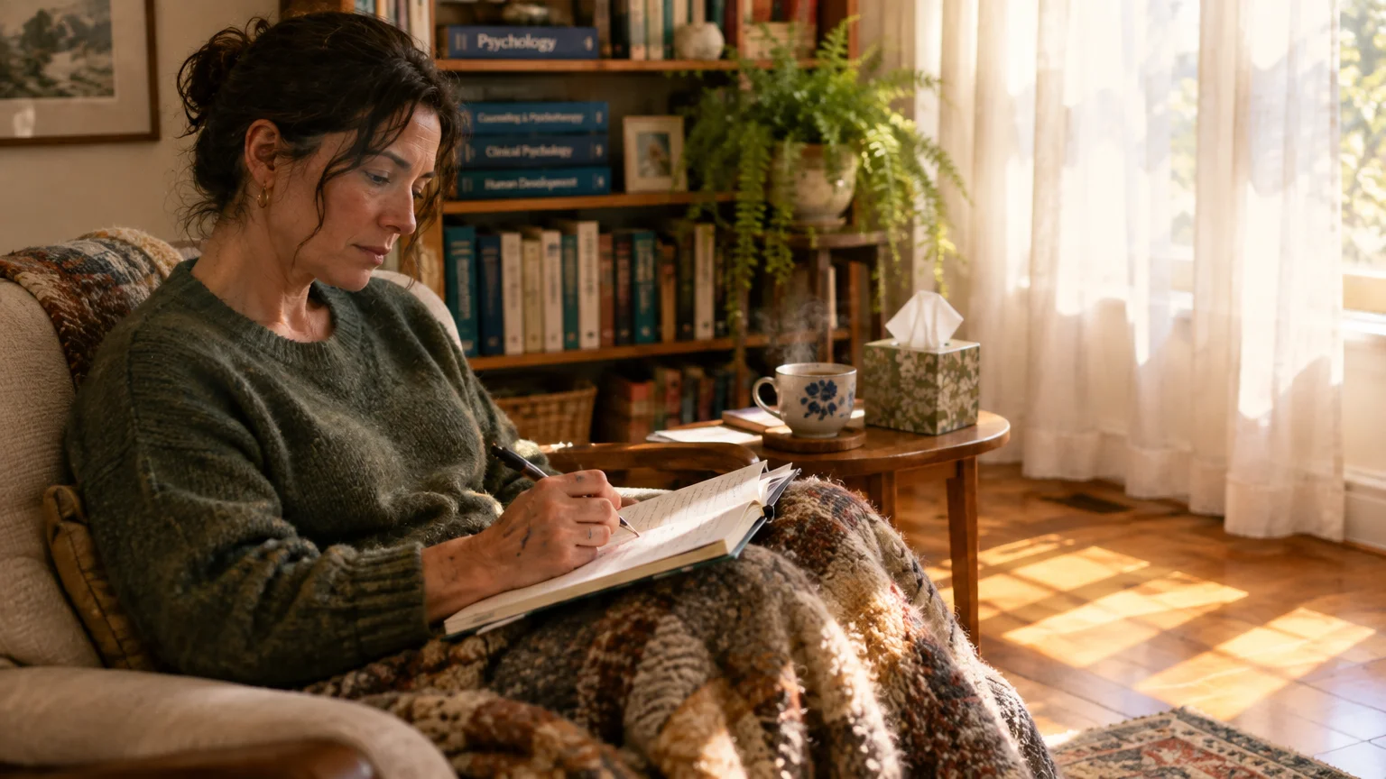 A woman wrapped in a blanket sits in an armchair writing in a journal beside a bookshelf.