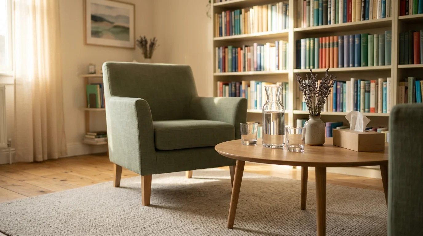 Green armchair beside a wooden coffee table with a water carafe, glasses, tissues, and full bookshelves.
