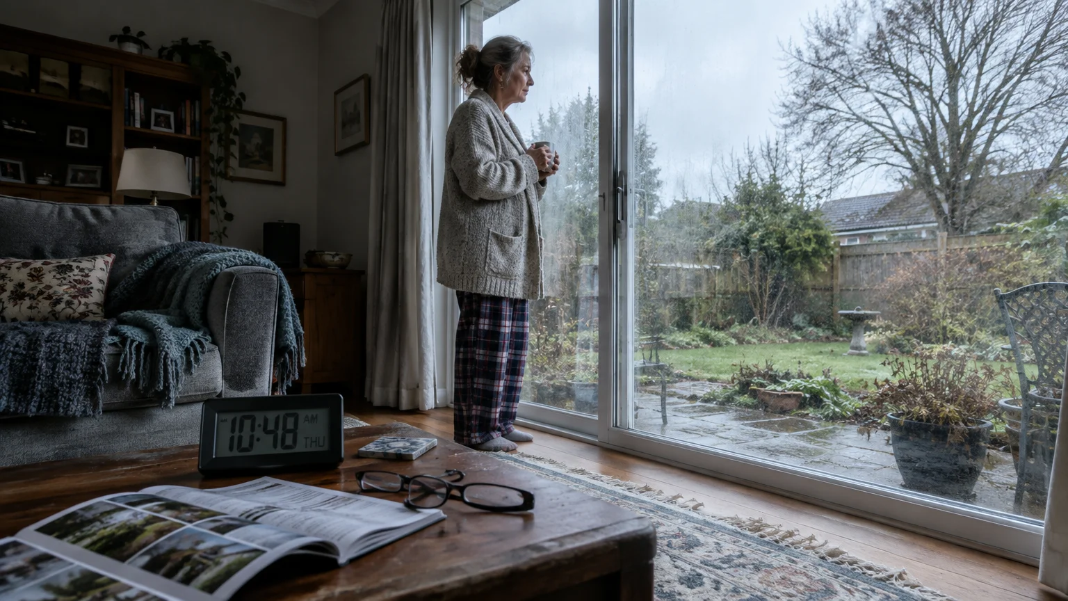 Woman in pajamas holding a mug and looking out a sliding glass door into a backyard garden on an overcast morning.