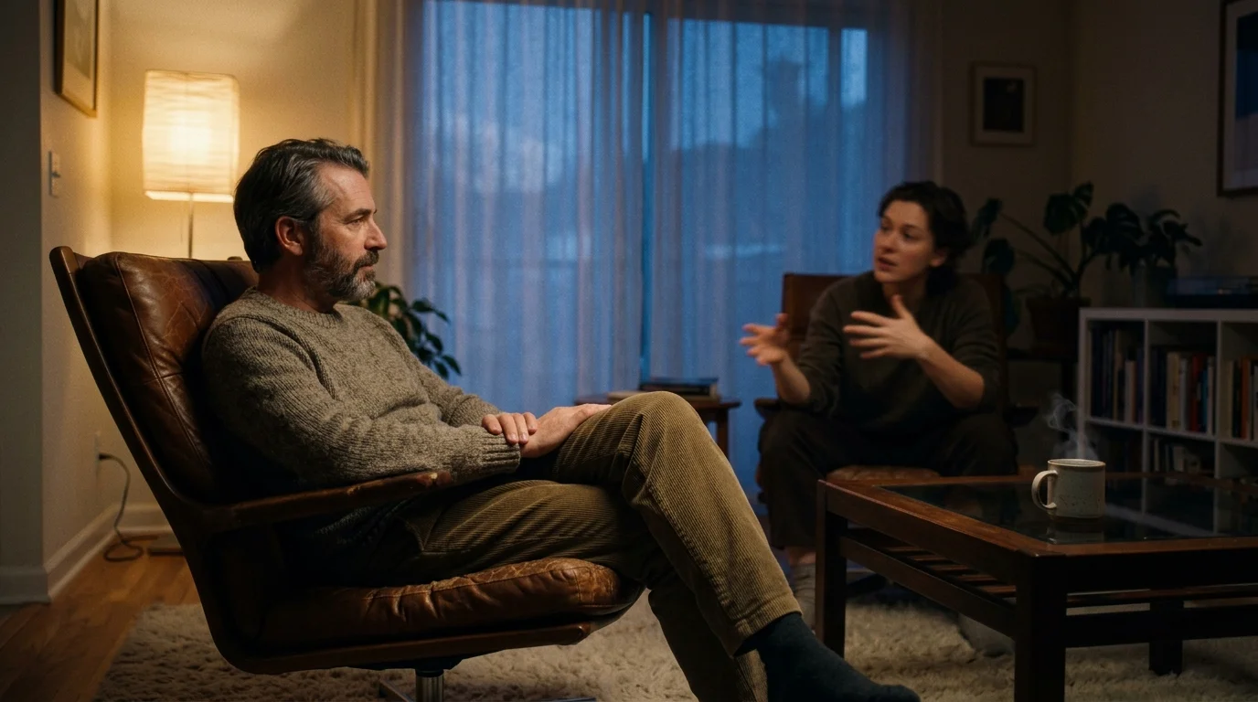 A bearded man sits silently in an armchair while a woman speaks with expressive hand gestures in a living room.