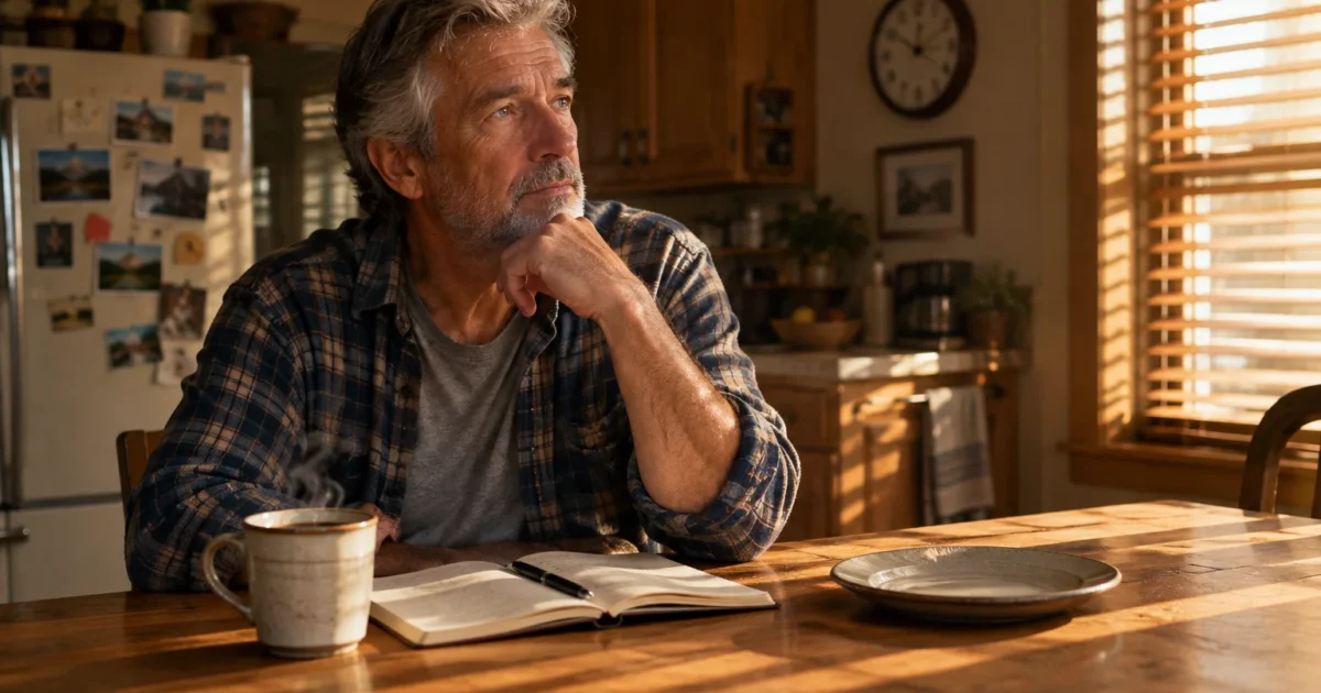 A thoughtful older man sits at a sunny kitchen table with a mug of coffee and an open notebook.