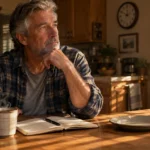 A thoughtful older man sits at a sunny kitchen table with a mug of coffee and an open notebook.