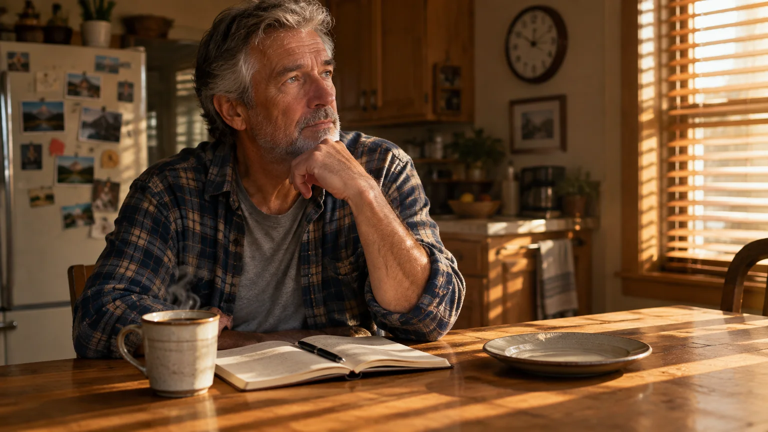 A thoughtful older man sits at a sunny kitchen table with a mug of coffee and an open notebook.